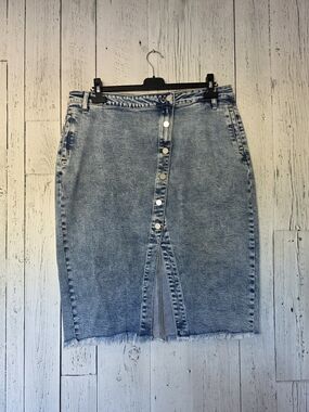 Blakeley High Waisted Button Front Denim Midi Skirt Raw Hem Stretch S/M NWOT